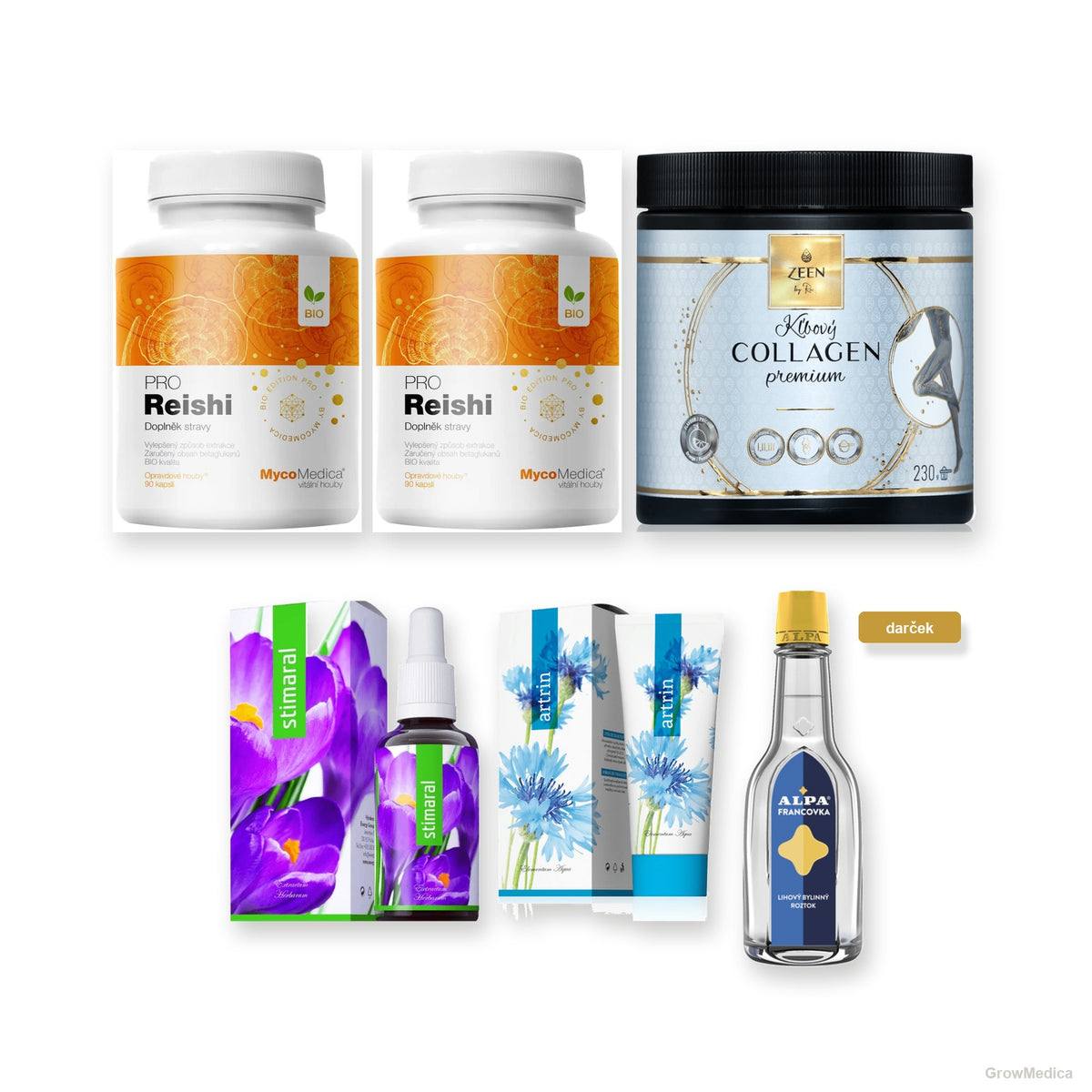 Set Kĺby + vitalita — Reishi PRO, Zeen kolagén, Artrin, Stimaral a darček Alpa Francovka, fotky produktov GrowMedica
