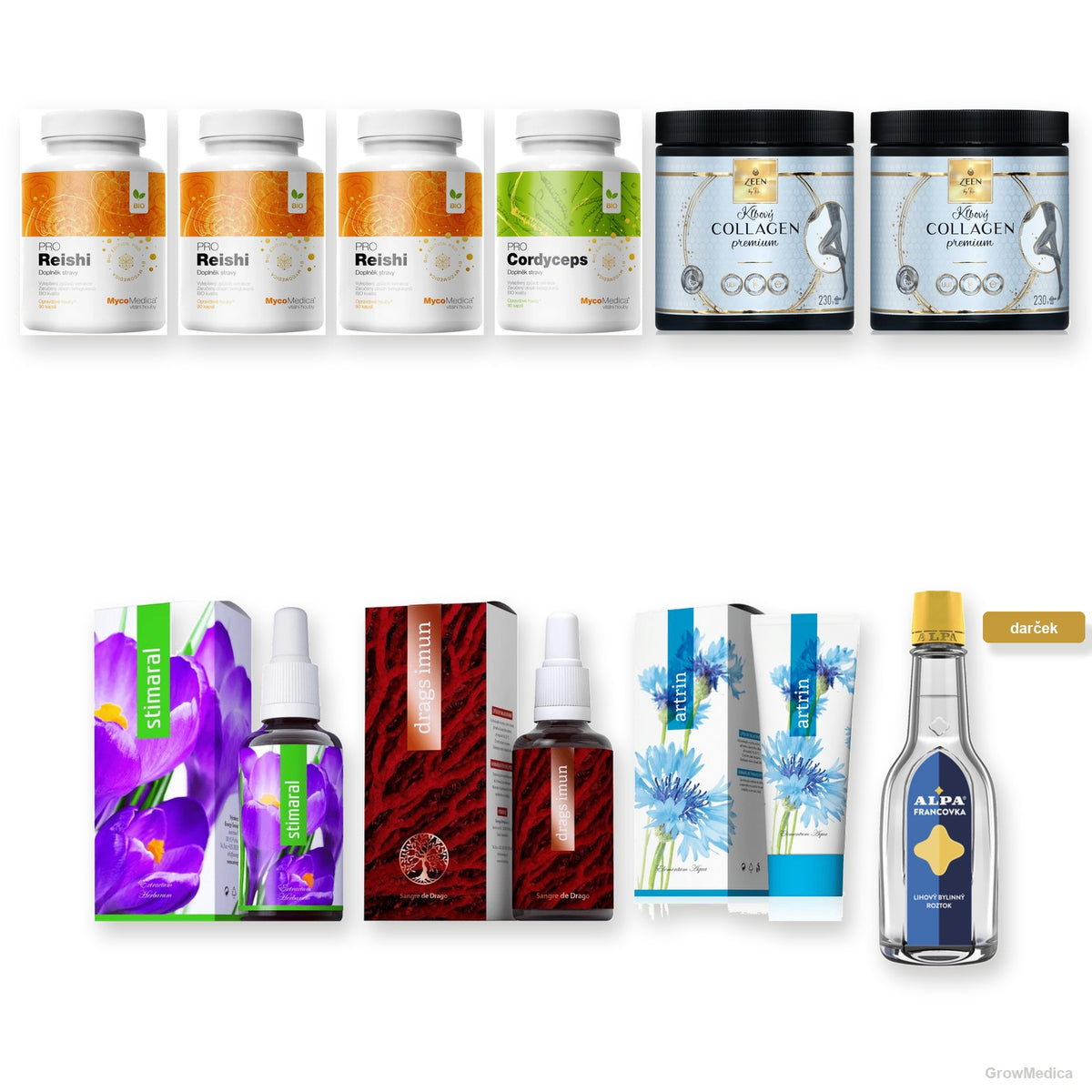 Set Max kúra — Reishi PRO, Cordyceps PRO, Zeen, kvapky, Artrin a darček Alpa Francovka, fotky produktov GrowMedica