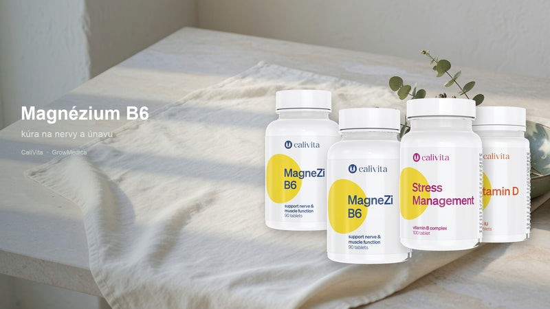 CaliVita MagneZi B6, Stress Management and vitamin D on linen – GrowMedica banner