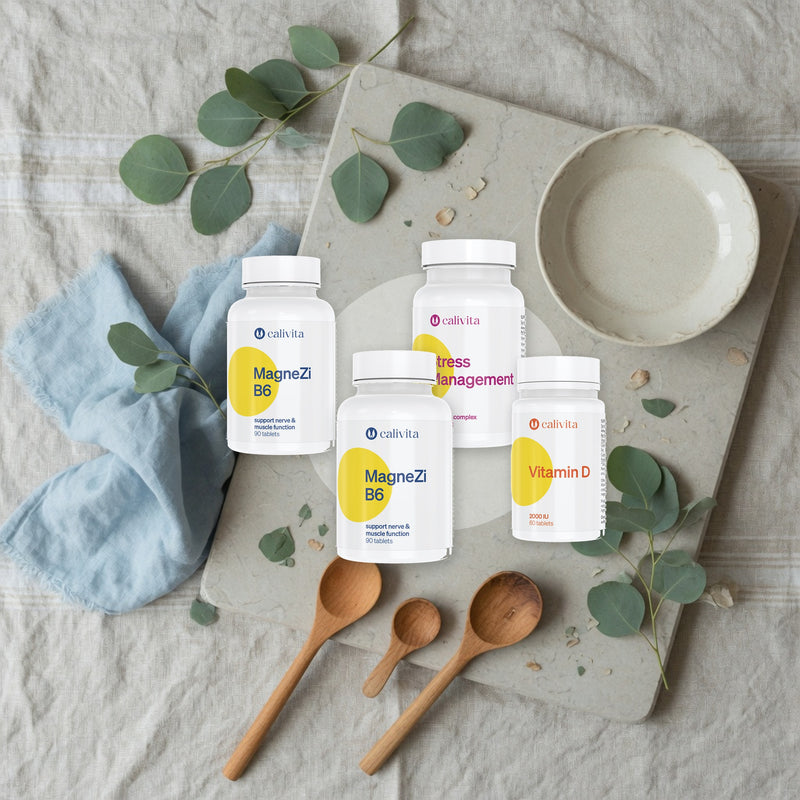 Bundle contents: 2× CaliVita MagneZi B6, Stress Management and vitamin D – flat-lay