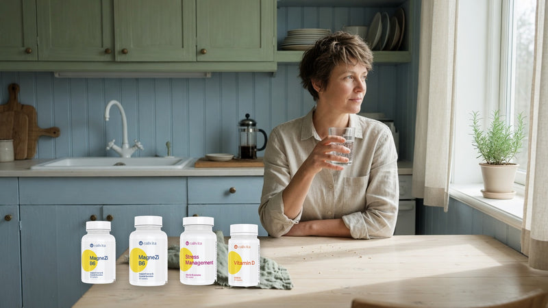 Adult woman with a glass of water and CaliVita magnesium B6, B-complex and vitamin D