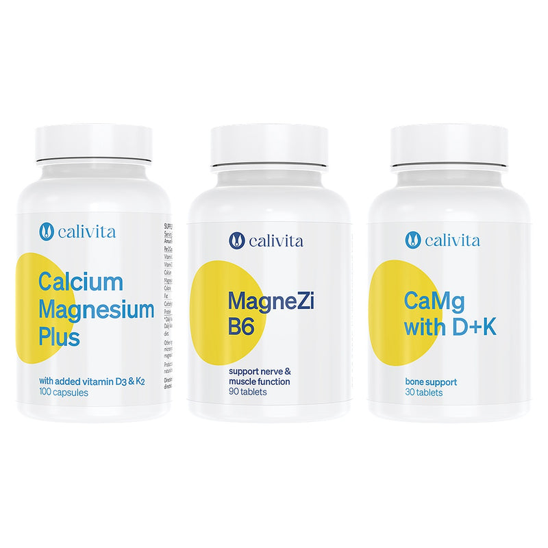 Set CaliVita horčík magnézium MagneZi B6, Calcium Magnesium Plus a Ca-Mg with D+K s vitamínom D3 a K