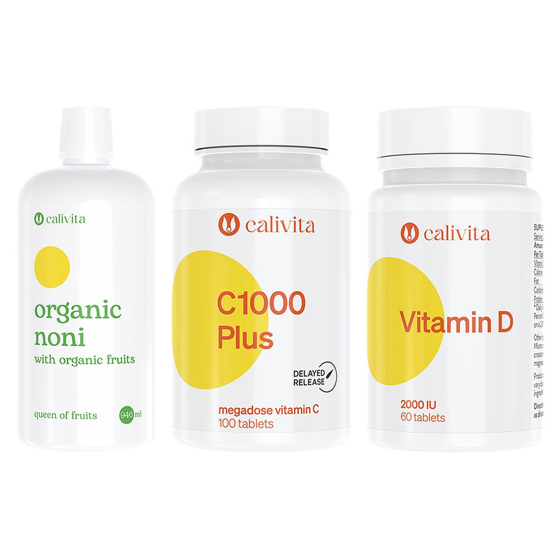 Set CaliVita vitamín C 1000 mg C 1000 Plus, vitamín D3 2000 IU tablety a noni šťava Organic Noni 946 ml